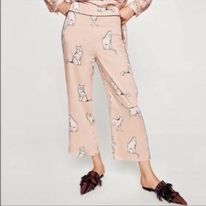ZARA Satin Cat Print Satin Crop Pants Trousers Blush Pink